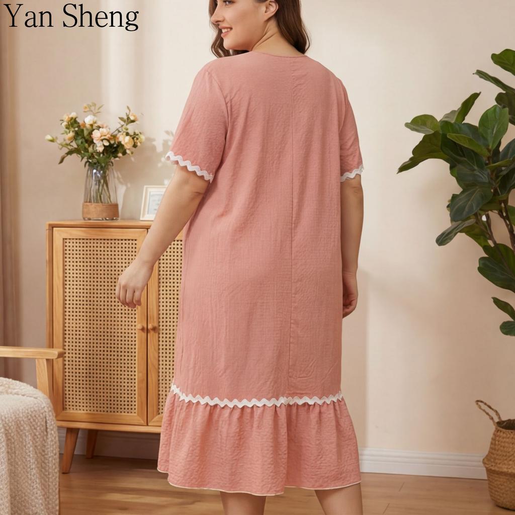 Women Nightgown Seersucker Floral Square Collar Short Sleeve Long Robe Loose Summer Loungewear Sleepwear