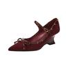 Wedge Heel Sheepskin Rivet One-word Buckle Belt Single Shoes Women's Pointed Head Temperament Bow Mary Jane Shoes