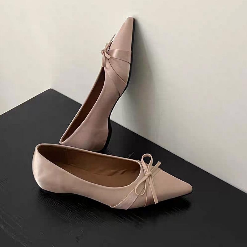 

Fashion Luxury Satin Silk Bowtie Ballet Flats Woman Pointed Toe Inner Height Ballerina Shoes Ladies Elegant Evening Party Shallow Loafer 35
