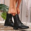 Fall New Vintage Soft Sole Mid-Tube Boots Versatile Round Toe Metal Buckle Side Zipper Flat Lace-Up Fashion Boots