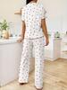 Spring and Autumn Women's Wide-Leg Print Pajama Set: Comfortable Short Sleeve Top and Long Pants for Indoor/Outdoor Wear.
