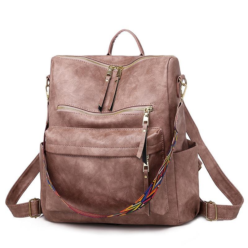 Retro High Capacity Women's Backpacks High Quality PU Leather Waterproof Ladies Shoulders Bag Fashionable Widened Shoulder Strap Girl Female Rucksacks
