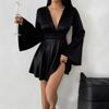 Women Deep V Neck Bell Sleeve Satin Dress Sexy Split Front Mini Dress Party Cocktail Dress