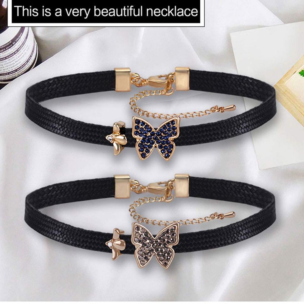 Rockyu Black Leather Collar Choker Necklace for Women, Featuring Zirconia, Gray Diamond, and Butterfly Motif. Adjustable Size. Nazar Boncuk Accessory.