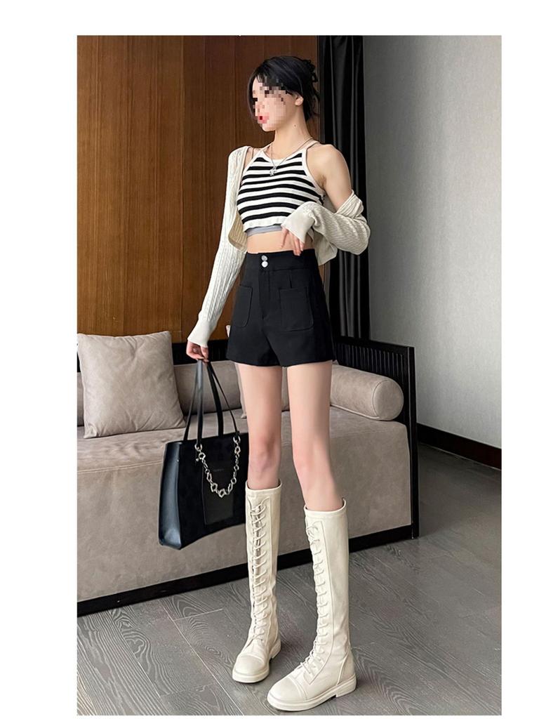 Plus Size High Waist Black Elastic Letter Wide-Leg Shorts - Korean Style Women's Summer Slimming Hot Pants.