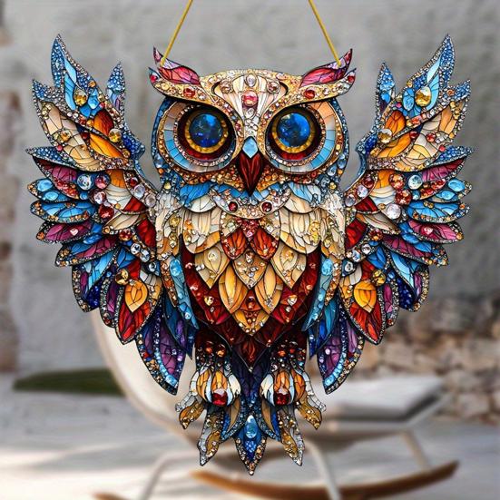 2Pcs Owl Pendant, Waterproof Acrylic Indoor Outdoor Decoration, 2D Printing Stained Glass Style Colorful Light Effect Owl Ornament with Lanyard