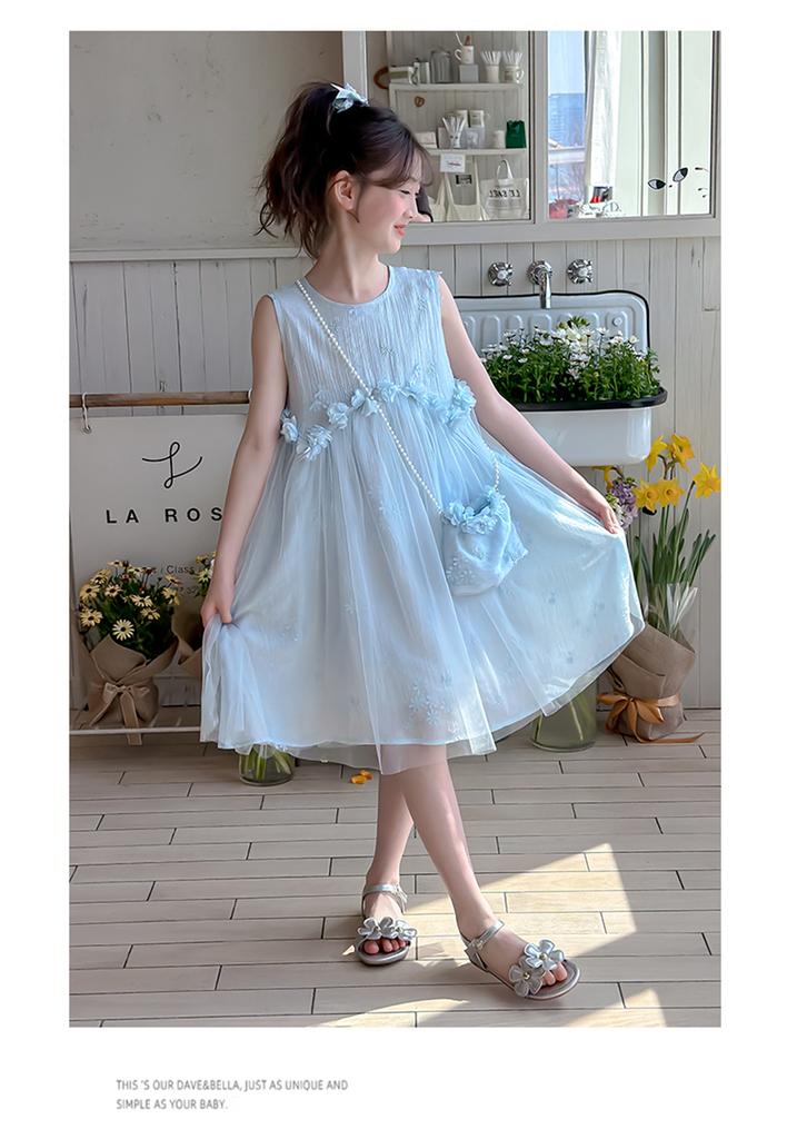 Girls' Summer Sleeveless Mesh Vest Dress 2026 New Mid Size Children's Western-style Princess Mint Style Dress