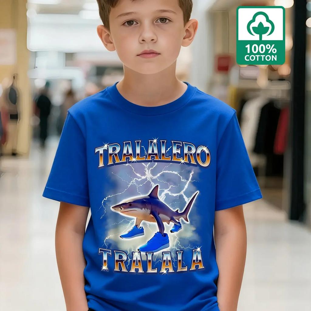 2026 Fashionable Boys' 100% Cotton Fun Shark Battle TRALALERO TRALALA Text Pattern T-Shirt Casual Everyday Children's Wear