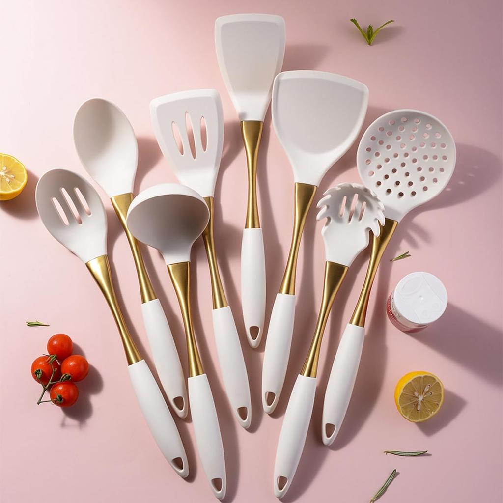 8pcs White Silicone Cooking Utensils with Strong Gold Handle Kitchen Essentials, Silicone Spatula Cooking Spoons