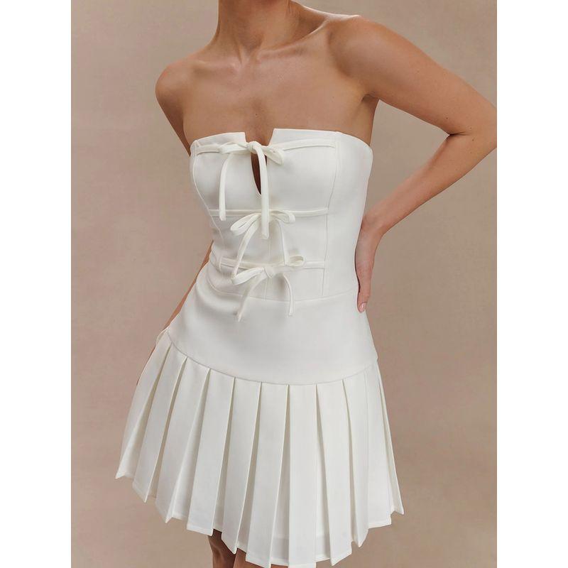 Holiday Princess Meshki Is Extremely Beautiful and Pure. I Want Girlish Style Chest Bows Strapless Dress Slim-Fit Pleated Skirt Dress