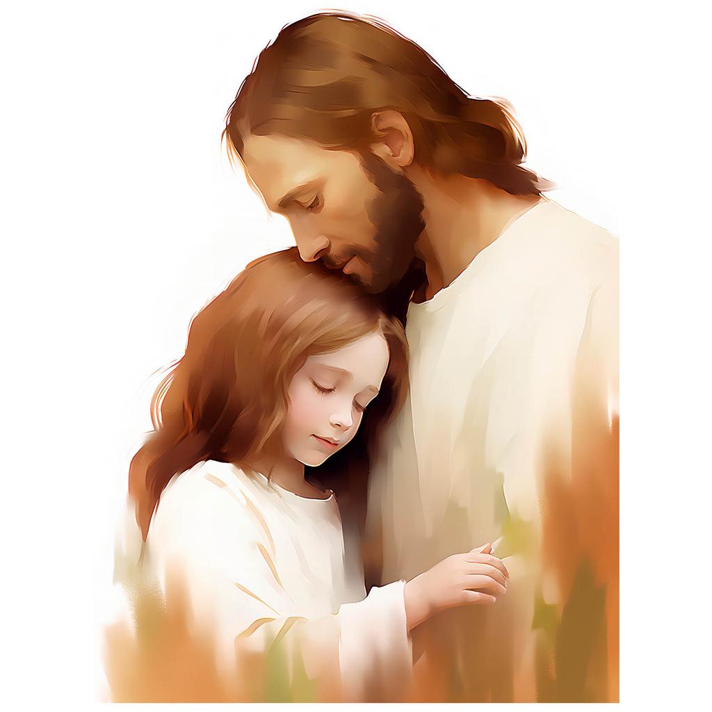 Kärleksfull Omfamning - Jesus Och Flicka Kärleksfull Omfamning - Jesus Och Flicka, 30X40 Cm, Guld Aluminiumram, Matt Papper 230 Gsm