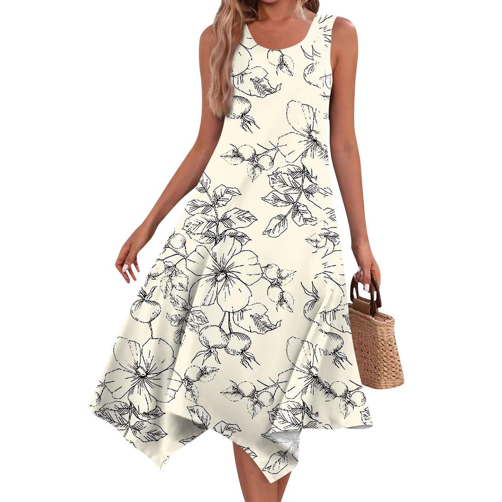 Lässiges, modisches Damen-Midikleid mit Rundhalsausschnitt, ärmellos, Blumendruck, unregelmäßiger Saum