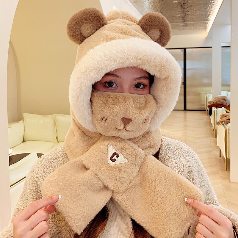 Autumn and winter new cute bear hat scarf integrated female cycling cold and warm windproof ear mask scarf