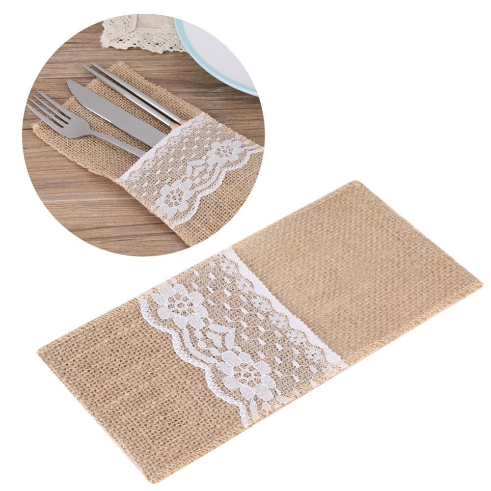 10Pcs Burlap Tabbleware Holder Lace Silverware Bag Lightweight Napkin Bag  Wedding Party