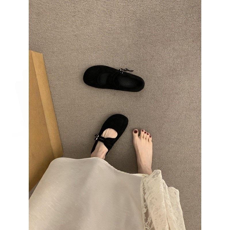Literary style frosted leather Mary Jane shoes one-word buckle with shallow mouth round head flat-bottomed ballet shoes
