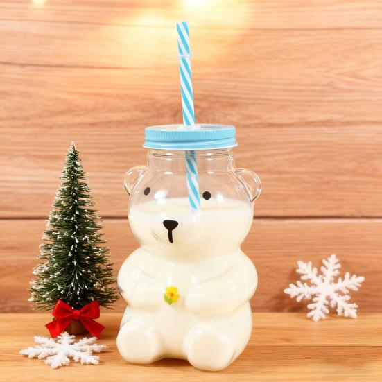 Yousheng Bear Glass Sippy Cup with Leak-Proof Lid Straw Cute Bear Glass Mug for Juice Milk Tea Smoothies Creative Bear-themed Drinkware
