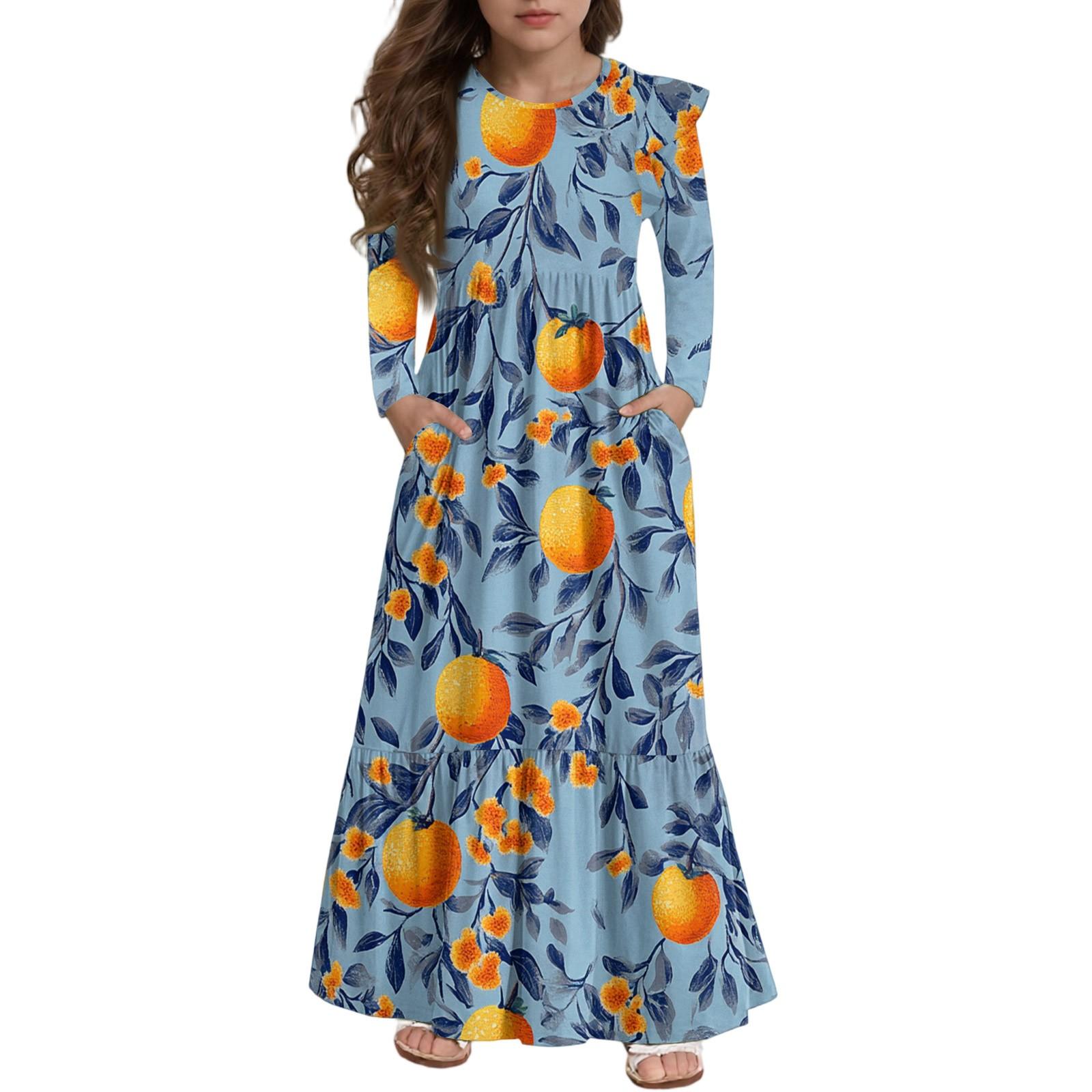 

Girls Tiered Ruffle Dress - Long Sleeve Printed Maxi With Pockets 130