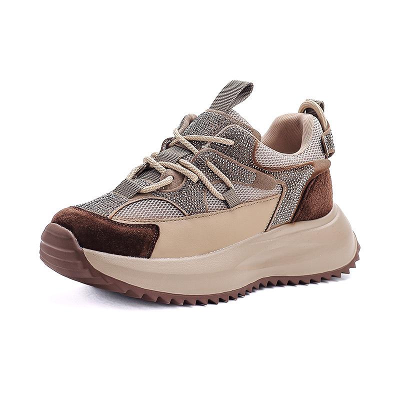 Fashion Women's Genuine Leather Retro Dad Shoes 2025 New Thick Soled Casual Sports Shoes Hot Stamping Trendy Footwear