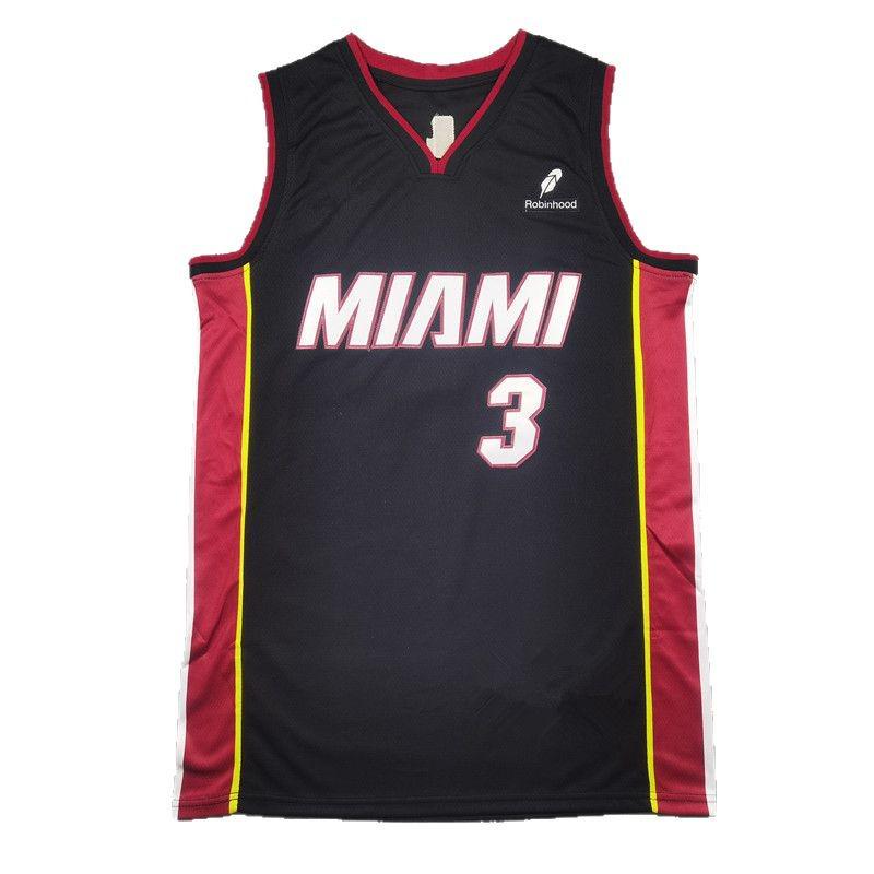 Heat #3 Wade Schwarzes Besticktes Basketballtrikot - Miami Edition