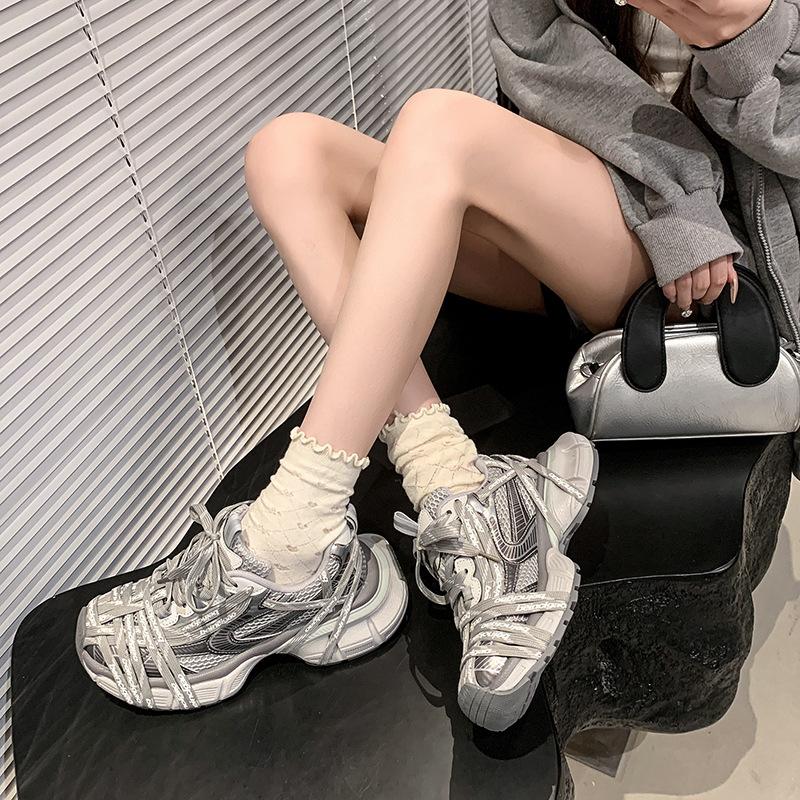 French Spider Woven Strap Letter Dad Shoes Girl 2025 Autumn New Models Old Thick-soled Mesh Breathable Sneakers