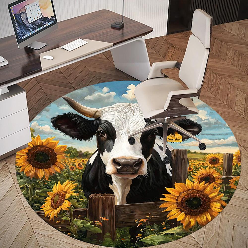 1PC Cow Sunflowers Office Round Area Rug, Under Office Chairs Bedroom Living Room Home Decor, Carpet for Office -1110122