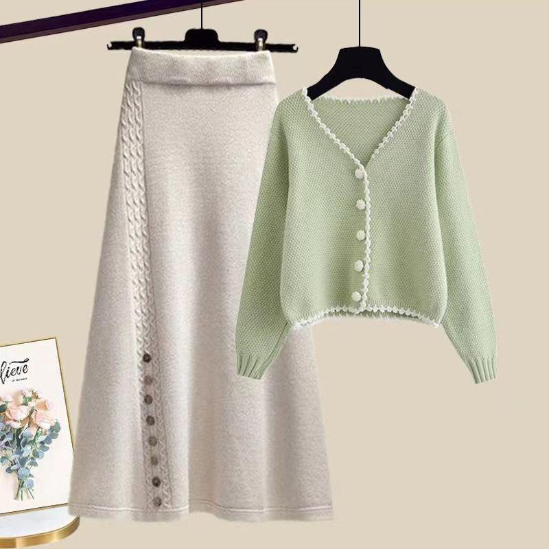 

Комплект из двух предметов в корейском стиле для женщин, зеленый свитер, куртка и юбка, зимний наряд XXL бежевый