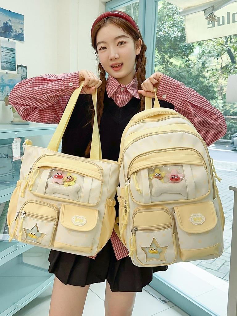 Nylon School Backpack For Girls With Polka Dot Pattern And Padded Shoulder Straps For Campus Use