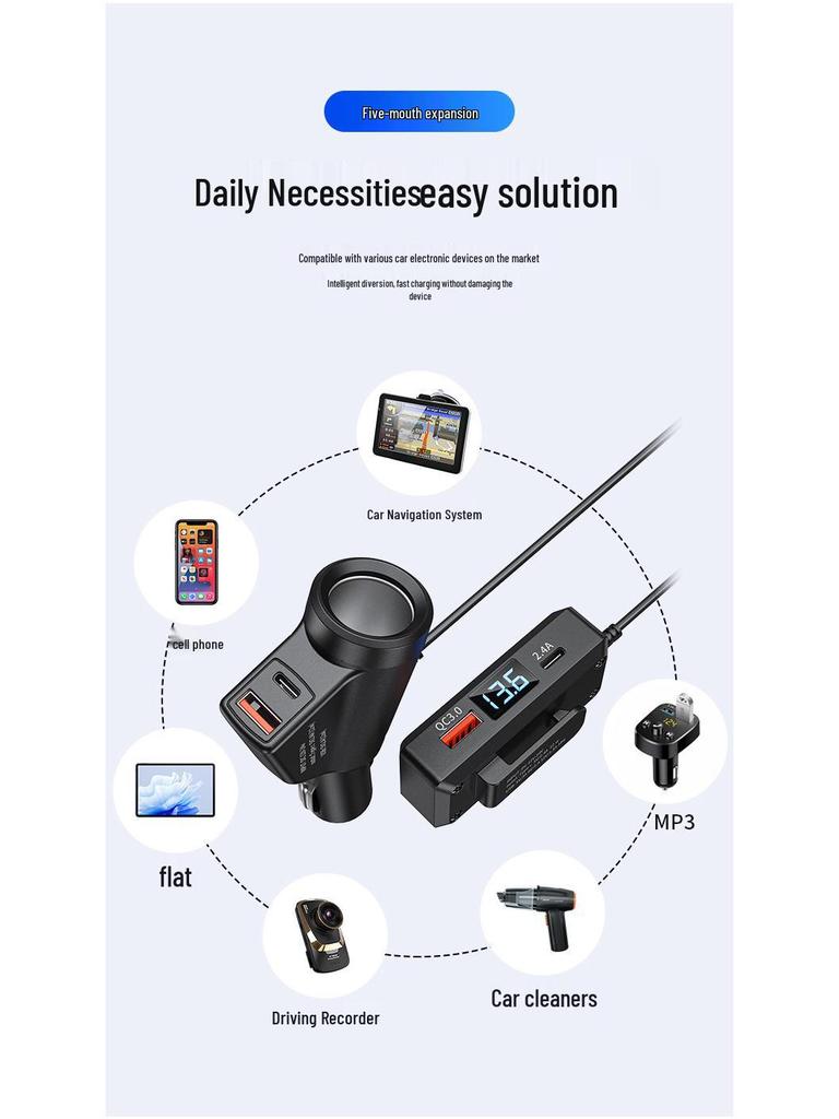 Multifunctional Car Charger with QC3.0+PD Fast Charging, 12V/24V Compatibility, and Voltage Display