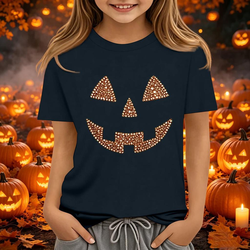 Kids Halloween Printed Neck Short Sleeve T-Shirt Loose Fit Casual Top