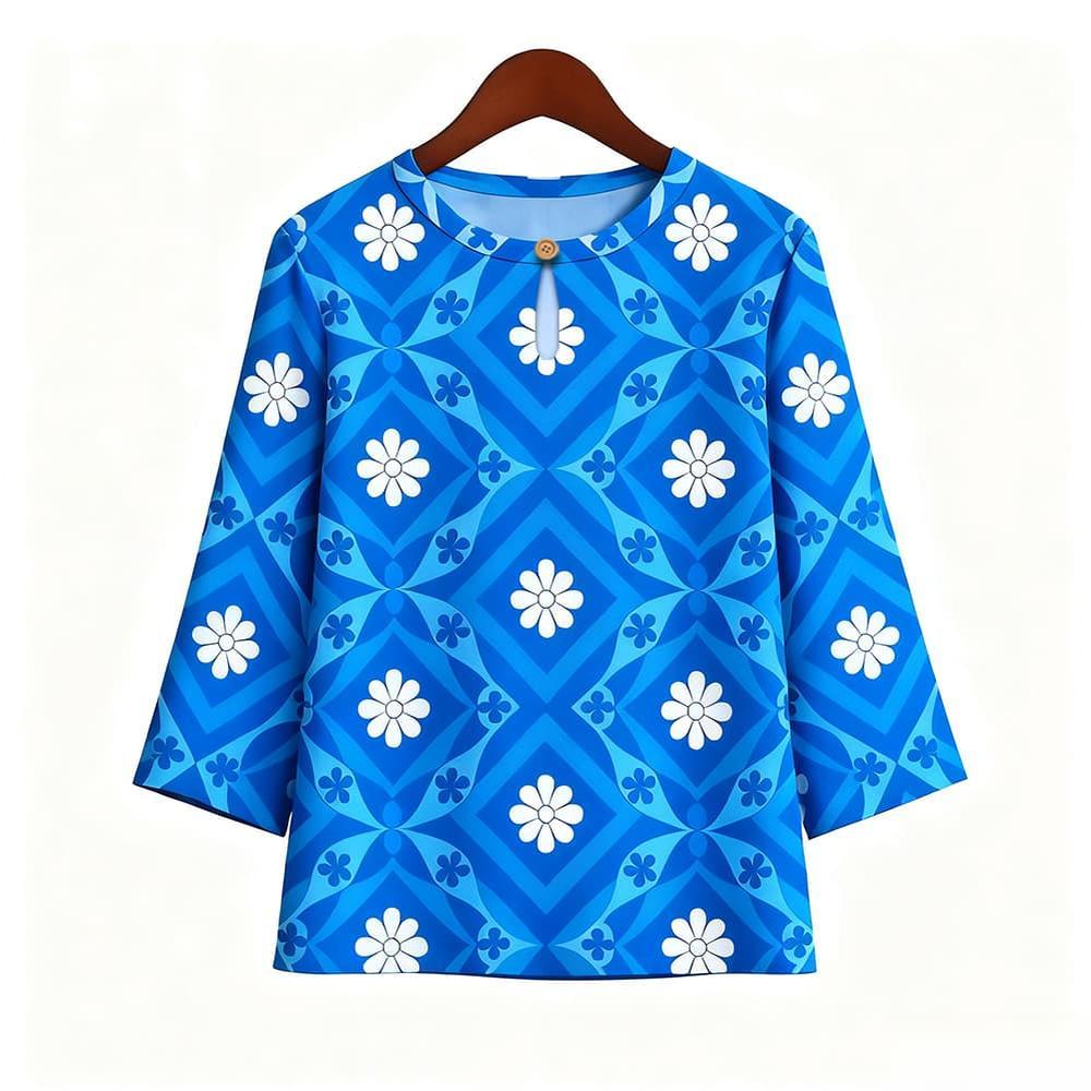 Casual Blouse, Vintage Style, For Women, Floral Print, O Neck, Three Tribal Sleeves, Elegant Loose Top