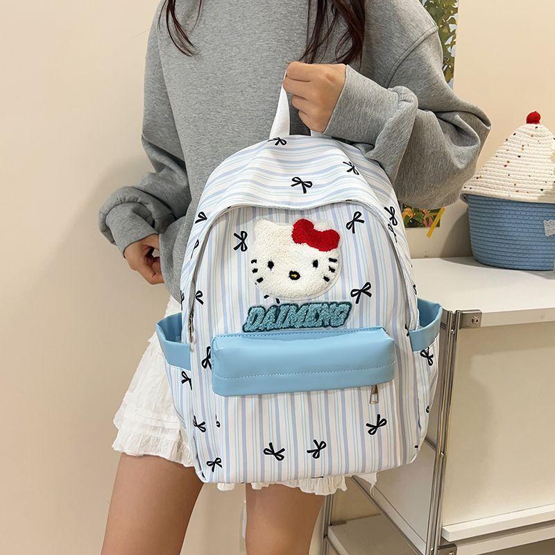 Schoolbag Japanese ins Cute Hello Kitty Striped Backpack Cartoon Puppy Bow Student School Bag Large Capacity Backpack