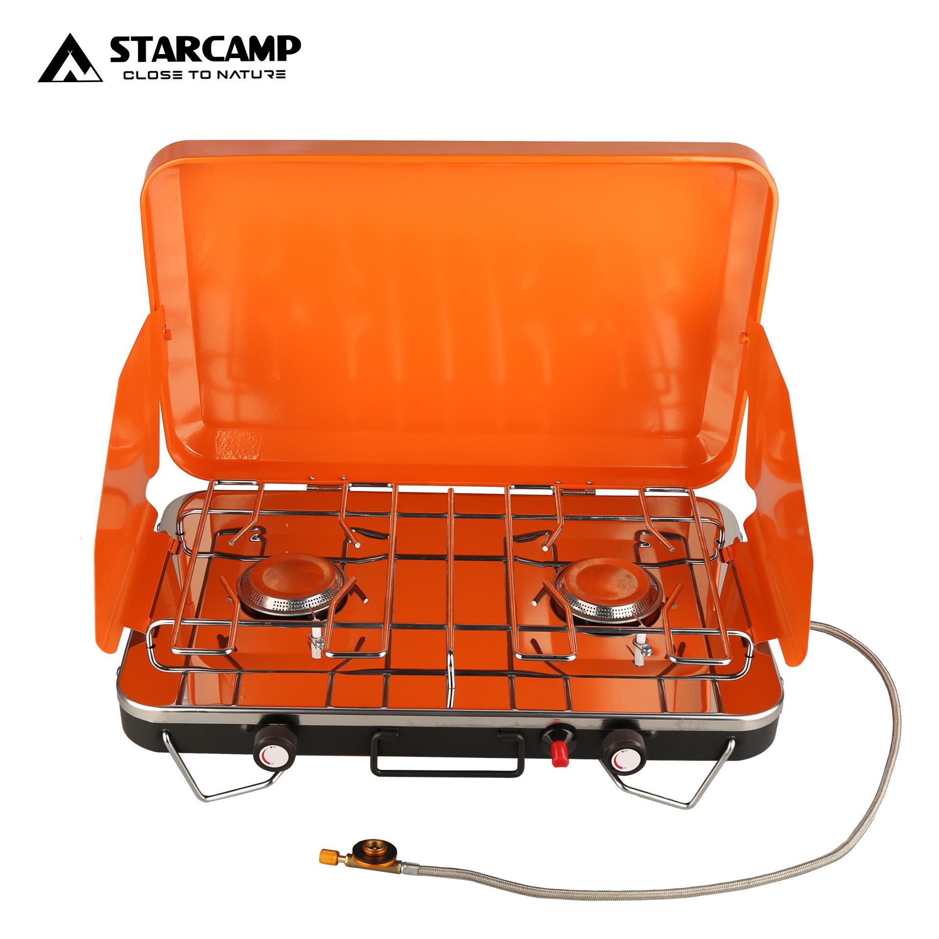 STARCAMP Ветрозащитная портативная двухконфорочная газовая плитка для кемпинга оранжевый
