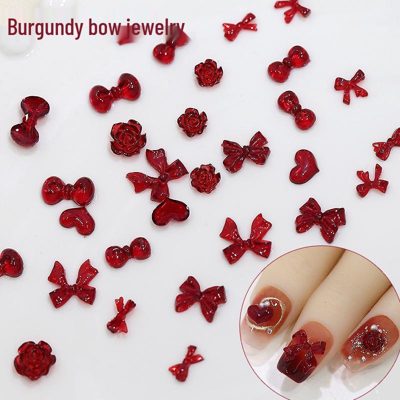 New Year Red Bow Nail Art Charms: Camellia, Heart, Bowknot Resin Press-on Decorations