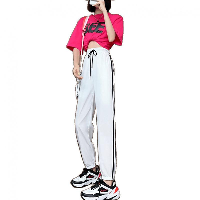 Women's Ice Silk Nine-Point Sports Pants: Summer Thin, Striped, Loose, Cuffed, Anti-Mosquito, Cool, Trendy Casual Wear