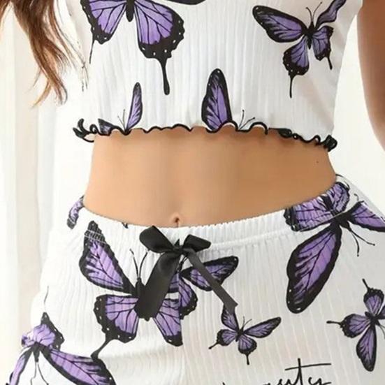 Women's Cami Pajama Set 2 Piece Ribbed Sleeveless Crop Top And Shorts Camisole Pjs Set Summer Cute Butterfly Print Sleepwear