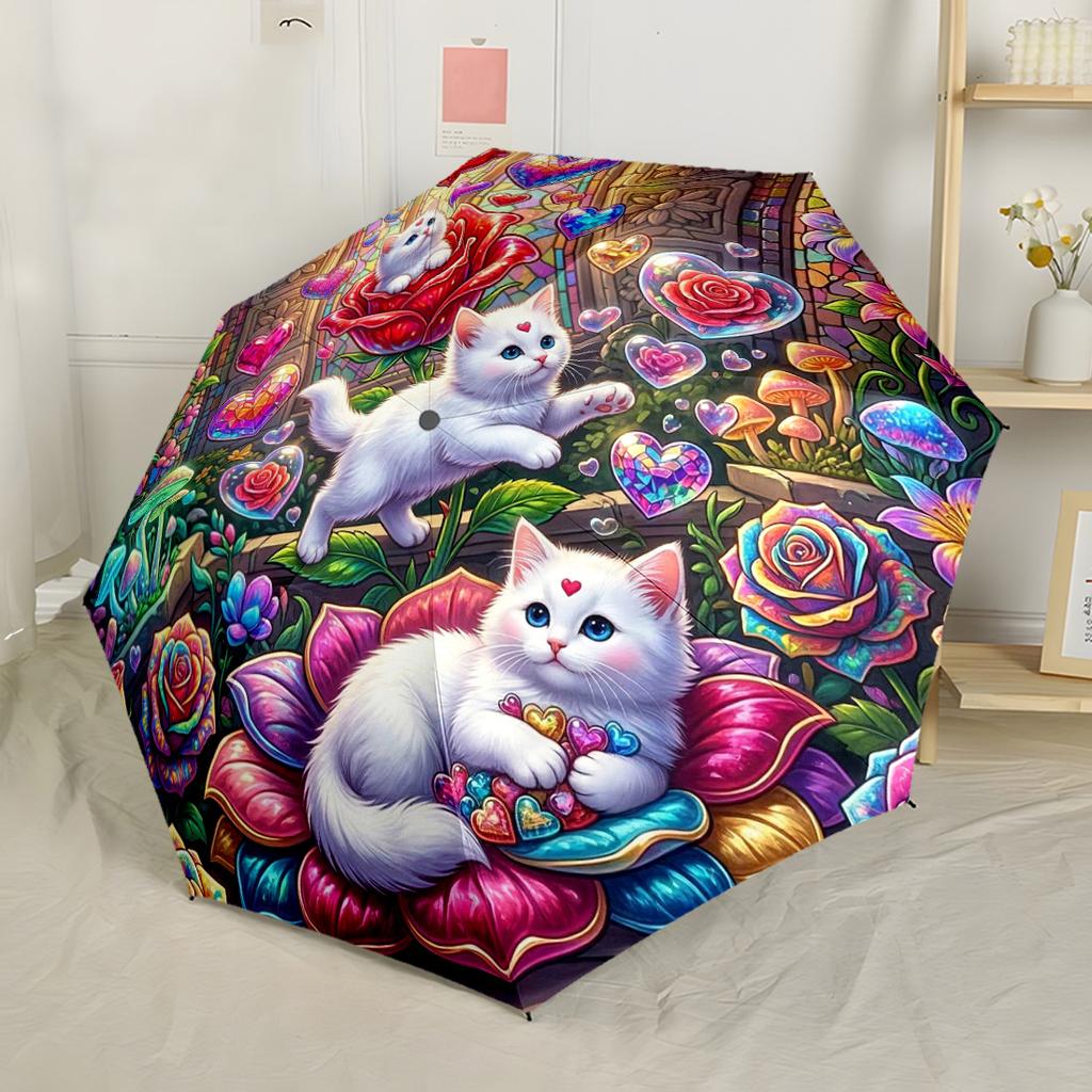 Cat In The Garden Compact Travel Automatic Umbrella Compact & Durable 8-Rib Design Compact Design for Women/Men Compact Folding Umbrella