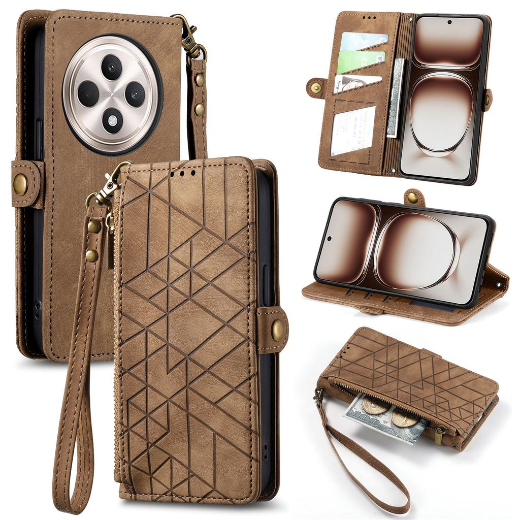 For Oppo Reno12 F 5G Zipper Wallet Case Geometry Lines Leather Phone Cover with Strap