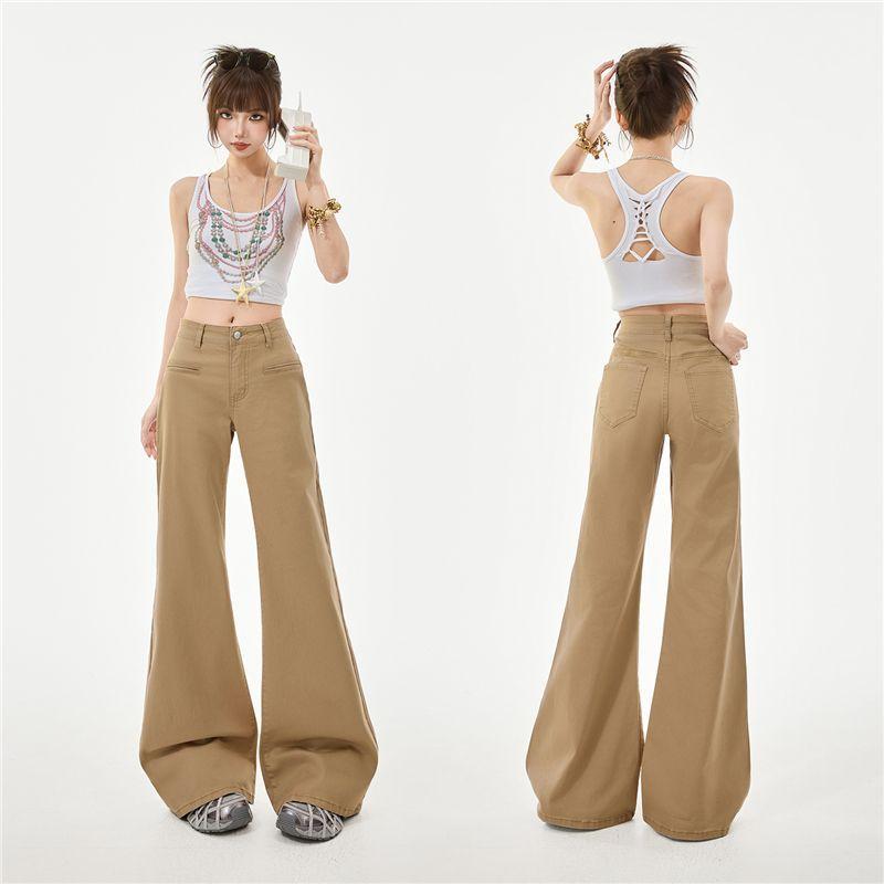 Spring Summer Coffee Soft Elastic Relax Slim Micro Flare Denim Pants For Ladies Casual Pants Oversize Denim Trousers