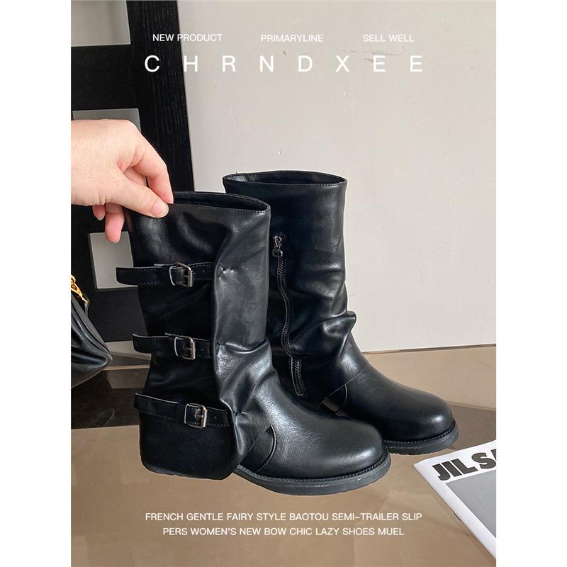 Cowhide version~ Wasteland wind belt buckle trouser tube boots women's autumn and winter retro thick-soled western cowboy boots pleated medium boots