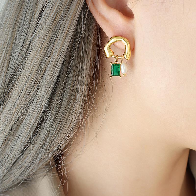 Delicate French Vintage Earrings for Women Girl Green Cubic Zirconia Pendant Earrings Fashion Geometric Pearl Charms Jewelry