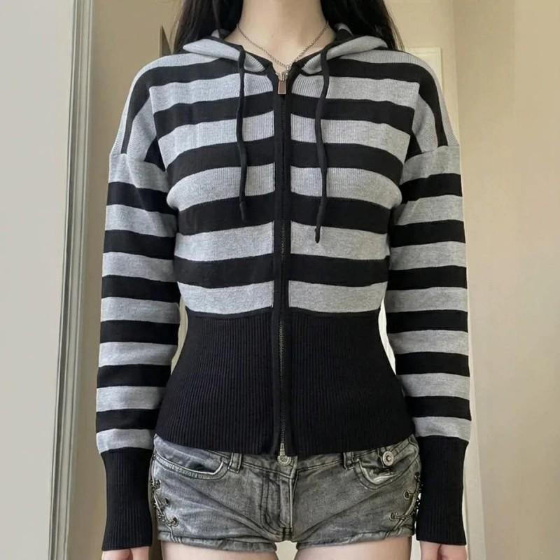 Womens Vintage Striped Cropped Knit Cardigan Slim Fit Streetwear Top