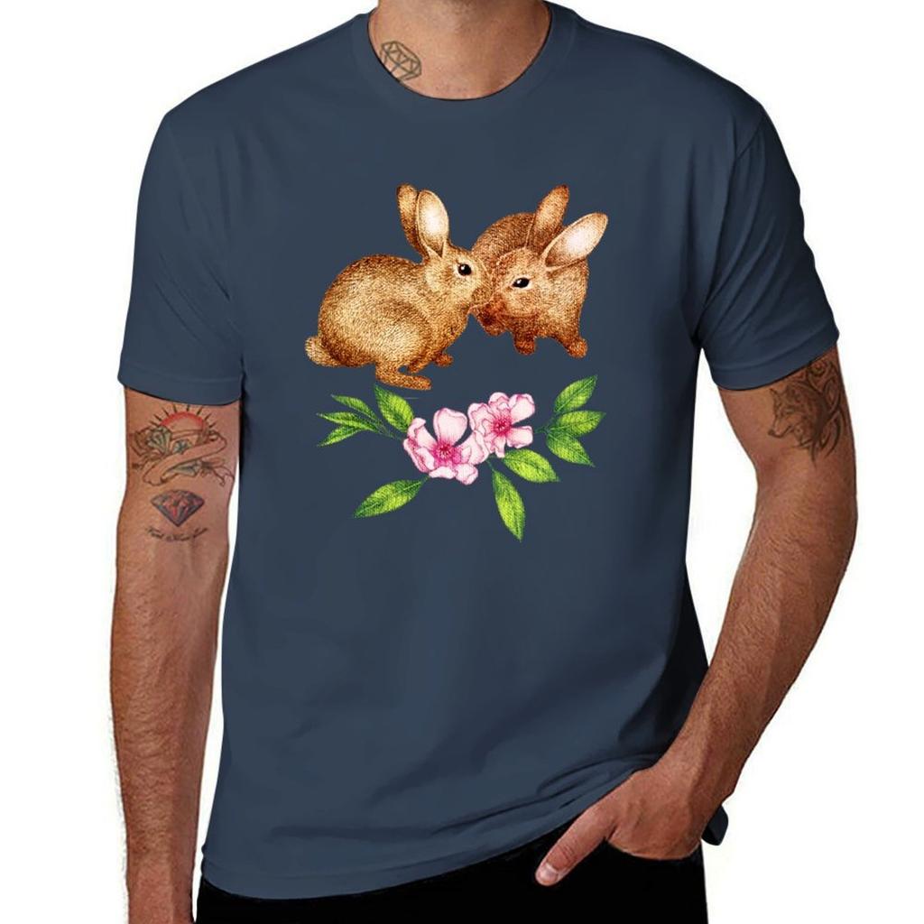 Vintage Rabbit Pair In Spring TShirt Minimalist Plain Crew Neck TShirt