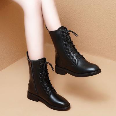 Fashion Black Elegant Middle Heel Lace-up Women's Half High Boots Autumn Winter Chic Comfortable Round Toe Warm Ladies Mid Calf Shoes