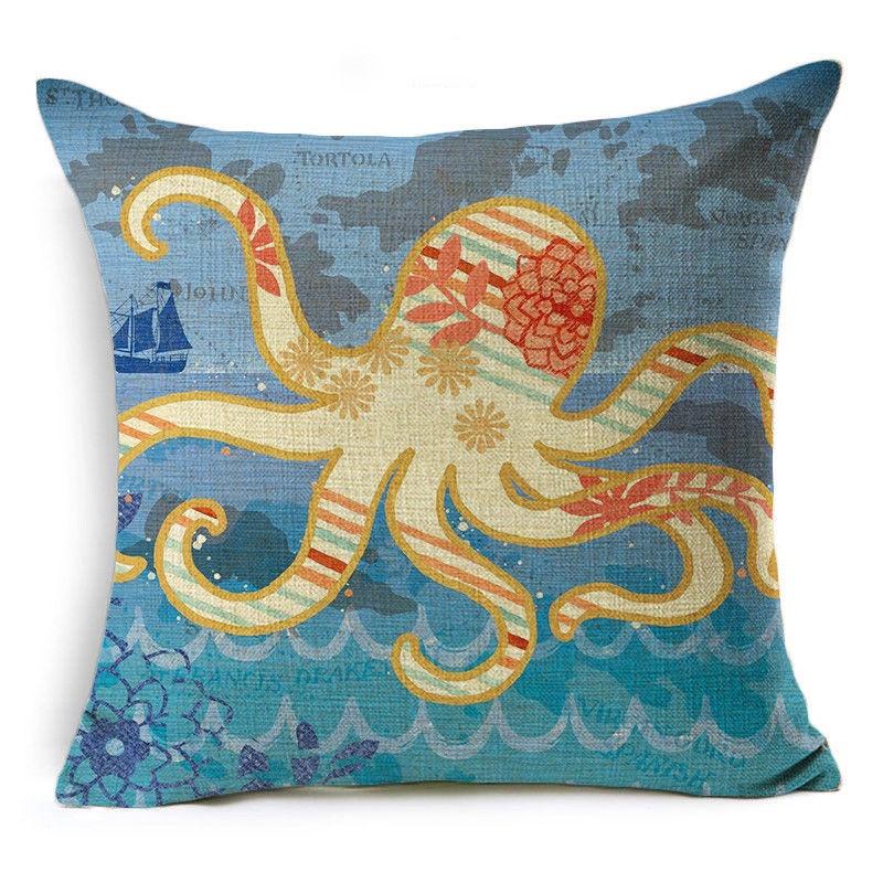 Exquisite 18" Blue Sea Animal Cotton Linen Cushion Cover For Stylish Living Spaces