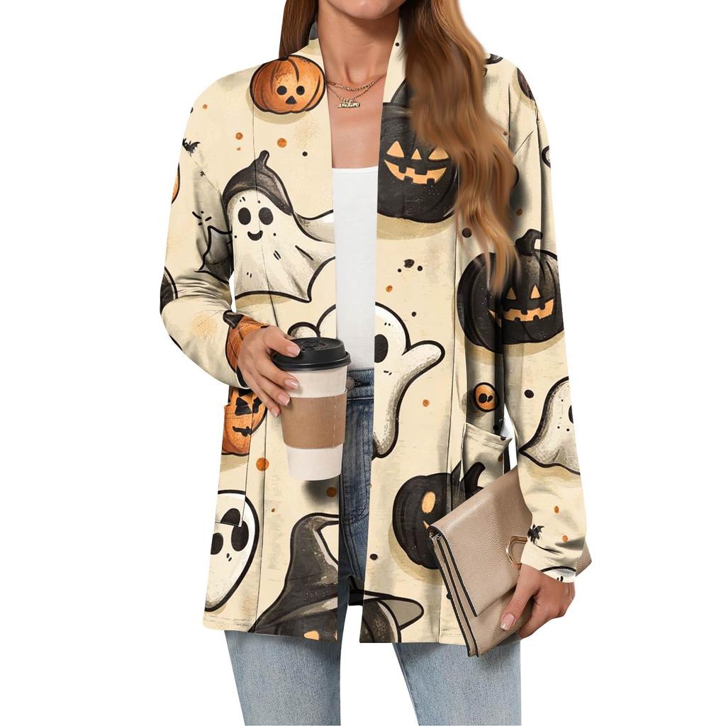 Dámské lehké kardigany s otevřeným předním dílem, dlouhým rukávem, ležérního volného střihu, tenké kardigany s kapsami