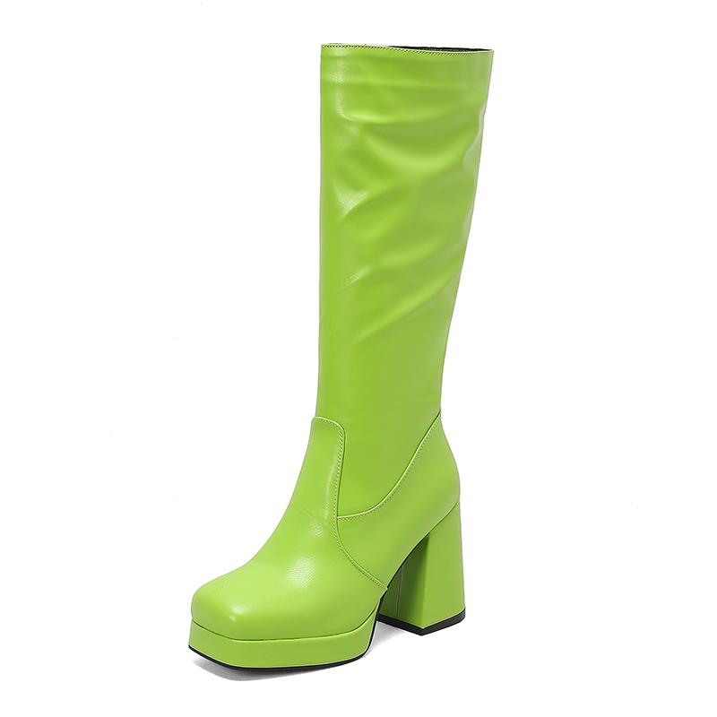 Candy Colored Glossy Patent Leather Material For Women's Knee Boots Square Toe Platform Ultra-High Thick Heel Winter Long Boots