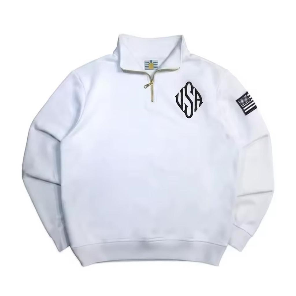 FlowStreet Y2K Tmavě modrá mikina se čtvrtinovým zipem s vyšívanou americkou vlajkou USA, bunda, muži, ženy, Vintage Streetwear, módní trend, top