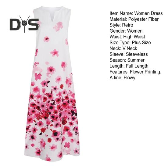 Vestido longo de verão feminino, estampa floral, linha A, solto, sem mangas, com bolsos, tamanho grande, bainha grande, vestido fluido para baile de formatura, banquete diário