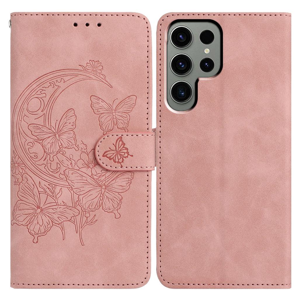 Für Samsung Galaxy S24 Ultra Hülle Schmetterling Blume Geprägt PU Leder Brieftasche Ständer Handyhülle