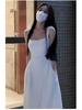 French Summer 2026 White Spaghetti Strap A-line Dress: Waist-Cinching, Long, for Petite Women
